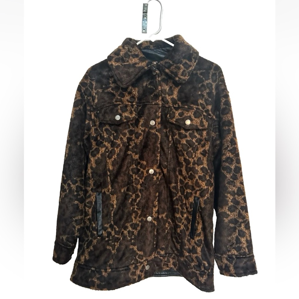 Free People Leopard Print Faux Fur Leather Trim Oversized Jacket Size XS - Picture 3 of 9